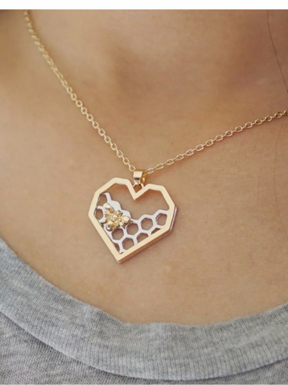 Goldtone Heart Honeycomb Bee Pendant Necklace - Women Jewelry